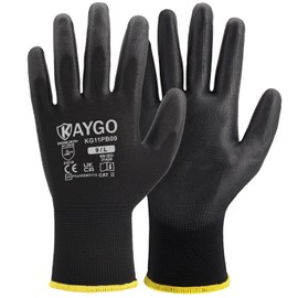 KAYGO Work Gloves PU Coated-12 Pairs, KG11PB, Black Safety Working Gloves with Secure Grip on Palm & Fingers, for Men and Women, Ideal for General Duty Work, Gardening(Large, Black)