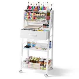 Homsorout 3 Tier Rolling Cart - Metal Utility Cart with Storage Drawer and Wheels, Versatile Art & Craft Organizer for Home, Office, or Studio - Ideal for Storing Brushes, Paints, and Supplies（White）