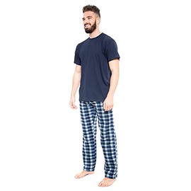 Mens Short Sleeve Pyjamas Set Cotton Rich Top Brushed Fleece Bottoms Top Pants PJ Pajamas Loungewear/Nightwear Gift (Navy - Medium)