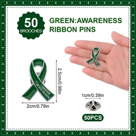 WANDIC 50 Pcs Green Ribbon Metal Pins, Mental Health Badges Memorial Ribbon Alloy Brooches in Forever in Our Hearts for Funeral Mourning Event Bereavement Remembrance