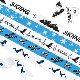 YKW 5 Pack Skiing Ribbon Set, 5/8 Inch x 3 Yard Grosgrain Ribbons Each, Mountain Skier Snowflake Patterns, Winter Sports Gift Wrap Ribbon for Crafts, Decorations, Hair Bows