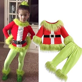 Toddler Baby Boys Girls Christmas Dress Up Costume Green Monster Cosplay Costume Outfits Green Furry Santa Claus Long Sleeve Tops and Pants Set (Green, 3-4 Years)