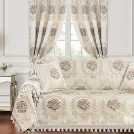 Loom and Mill Luxury Elegant Sofa Covers, Floral Jacquard Couch Cover Sofa Throw Cover with Tassels for 2-3 Cushion Couch, Sectional Couch Covers Sofa Slipcover for Dogs, Pearly Beige, 71" X 118"