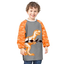 PASHOP Kids Art Smocks Unicorn Waterproof Painting Smock for Girls Boys Long Sleeve Knee Length Artist Smock with Pocket (Yellow Dinosaur, 8-12 Years)