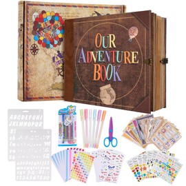 Our Adventure Book 8.9 x 7.9 Inch 80 Pages Scrapbook Photo Album with Scrapbooking Supplies, 3D Retro Embossed Letter Leather Hard Cover Movie Up Travel Journal Memory Book For Couples