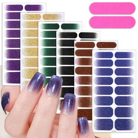 KTAABTR 6 Sheets Glitter Glossy Gel Nail Wraps Stickers Decals Waterproof Self Adhesive Design Gel Nail Polish Strips Purple Yellow Green Nail Stickers for Women DIY Nails Decoration Accessories