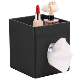 LAMOTI Leather Tissue Box Cover with Storage Tray, Square Facial Tissue Box Holder for Bathroom, Office Table, Countertop, Night Stand & More (Black)