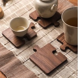 [Set of 4] Wooden Puzzle, Trivet, Tea Holder, Wooden Coaster, Scandinavian Miscellaneous Goods, Interior, Brown, Puzzle Shape, Stylish and Cute