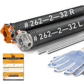 Buck Pair of 2" Heavy Duty Garage Door Torsion Springs Set with Non-Slip Winding Bar & Gloves - High Precision Replacement with Electrophoresis Black Coating, Minimum 20,000 Cycles (0.262x2''x32'')