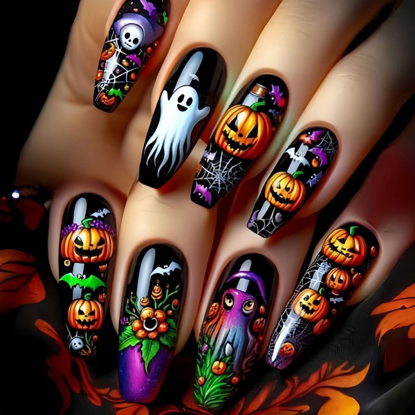 24Pcs Halloween Press on Nails Medium Square, ZIFANHU Fake Nails