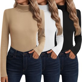 Neer 3 Pack Cotton Women's Turtleneck Long Sleeve Tops Thermal Underwear Base Layer Fall Winter Shirts Sweater(Black, White, Beige,XL)