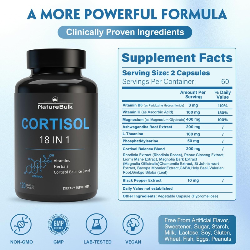 NATUREBULK Cortisol Supplements for Women, 18-in-1 - Premium Blend with