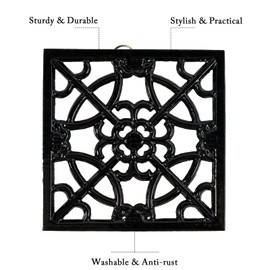 JOGREFUL Cast Iron Trivet, Square Metal Trivets for Kitchen Dining, Hot Pot Holder Hot Pads for Table & Countertop - Heat Resistant Teapot Trivets, 6.7" Square Flower Black