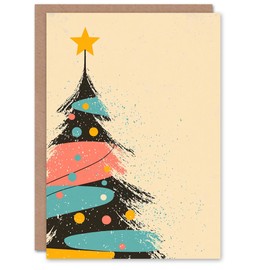 Wee Blue Coo Tree Pink Blue Yellow Mid Century Modern Fun Xmas Art Blank For All Christmas Card
