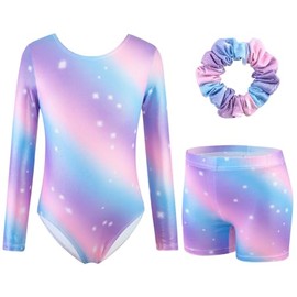 XiaoMoSha Girls Three-Piece Gymnastics Leotards Set Long Sleeve Leotards with Shorts and Hairband Sparkly Ballet Dance Unitards Gradient Color Design Gymnastics Outfits for Kids, PinkPurple, 7-8 Years