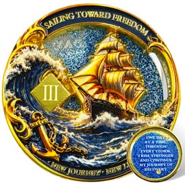 Sobriety Coin with Liquid Sand, Recovery Ship Challenge Coin, One Day at a Time AA Token, Through Every Storm I Rise Stronger Medallion Recovery Gift (Liquid Sand Ship Sobriety, 3 Years)