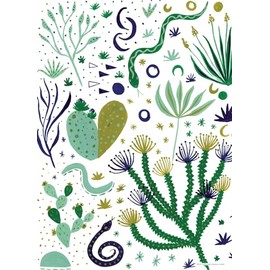 Blue and Green Desert Abstract "Spring Thaw" Decorative Paper for Giftwrap or Art Projects - Six Flat Folded Sheets 19.5x27 Inches, Birthday Wrapping Paper with Cactus and Snakes