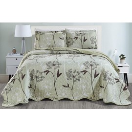 Masterplay 3-Piece Fine Printed Oversize (115" X 95") Quilt Set, Bedspread Coverlet King Size Bed Cover (Sage Green, Brown, White, Vine)
