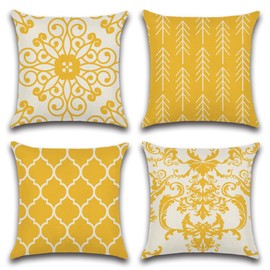 CLVEDU 4Pack Throw Pillow Covers 18x18 In Linen Fabric Cushion Covers Yellow Throw Pillows for Couch, Decorative Throw Pillow Cases Accent Pillow Covers for Home Bed Couch Sofa Car (Style26)