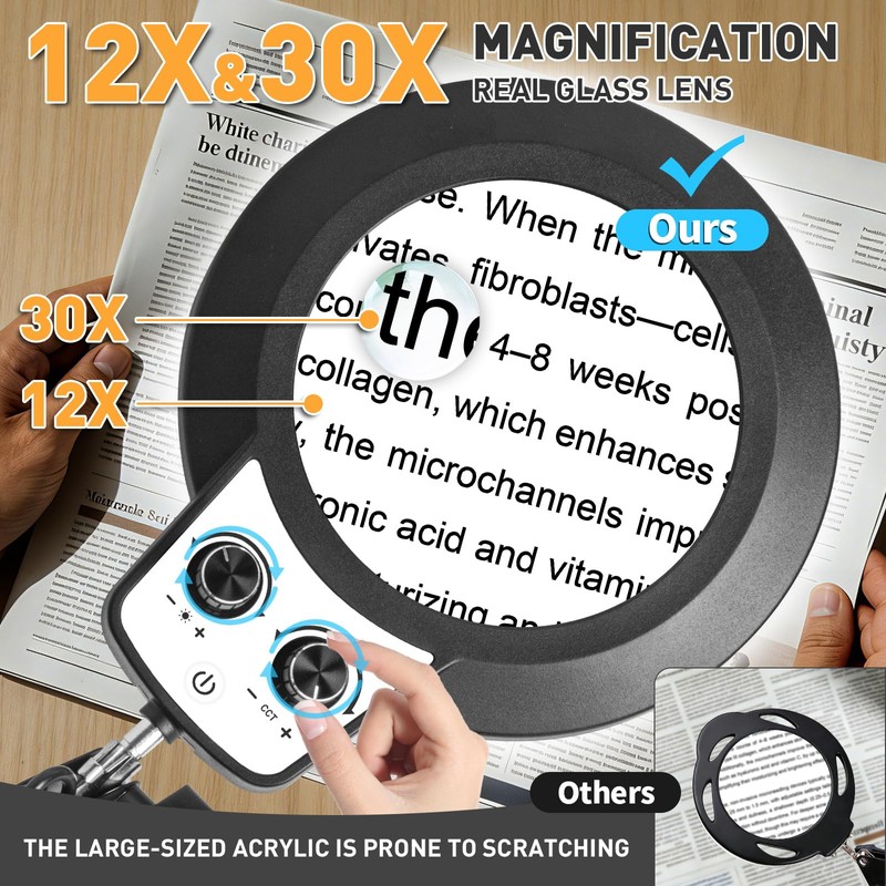 KMDES 12X&30X Floor Magnifying Glass with Light and Stand, 2