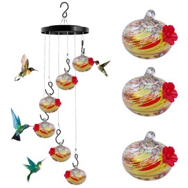 Charming Wind Chimes Hummingbird Feeders, Hand Blown Glass Hummingbird Feeders for Outdoors Hanging Ant and Bee Proof, Garden Bird Feeders Decor for Outside Patio Window