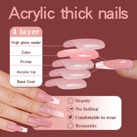 Leuhiove 24 Pcs Bling Long French Tip Press on Nails Pink Fake Nails with Rhinestone Full Cover Acrylic Glue on Nails Design Coffin False Nails for Women and Girls