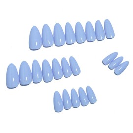 Blue Press On Nails Medium Almond Fake Nails Solid Color False Nails With Design Full Cover Glossy Glue On Nail Acrylic Artificial Stick On Nail For Women Girls Manicure Art 24pcs