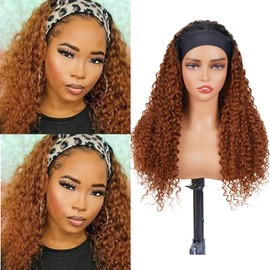 Rostationa Curly Headband Wig Human Hair 20 Inches 1B/30 Human Hair Headband wig Kinky Curly None Lace Front Wigs Human Hair Wig for Black Women Machine Made Wigs 150% Density wig（1B/30,JC,20Inch