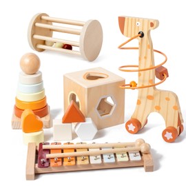 Montessori Toys for 1-3 Year Old, Baby Toys 12-18 Months, Wooden Stacking Rings Toys for Toddlers, Shape Sorting Cube, Xylophone, Preschool Sensory Developmental Educational Toys for Babies