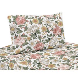 Sweet JoJo Designs Vintage Floral Boho Queen Sheet Set - 4 Piece Set - Blush Pink, Yellow, Green and White Shabby Chic Rose Flower Farmhouse
