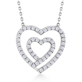 Gem Stone King 925 Sterling Silver Heart in Heart with White Cubic Zirconia CZ Pendant Necklace For Women | 0.75 Inch | 16 Inch + 2 Inch Extender