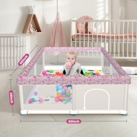 Baby Playpen, Playpen with Mat for Babies and Toddlers, 50x50 inch Baby Play Pen Playard for Indoor & Outdoor (All-Wrapped Sponge Cartoon Print)