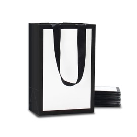 YACEYACE White and Black Gift Bags Bulk, 10Pcs 8"x3.75"x6" White Gift Bags with Ribbon Handles, Black White Paper Gift Bags for Wedding, Party,Retail