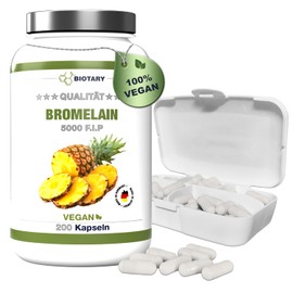 Bromelain 200 Capsules 500 mg | 10000 F.I.P/g | 5000 GDU/g | Vitamin C | 7 Months Supply | High Dose | Includes Pill Box | 100% Vegan | Pure Vegetable | Laboratory Tested | Made in Germany
