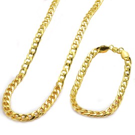 Fewlew Chain Necklace Gold/Silver, Gold Curb Chains for Men, Chain Necklace+Bracelet, Gold Plated Chain Set, Cuban Chain Necklace, Gold Cuban Link Necklace, Hip Hop Chain Men Gold/Silver (Gold)