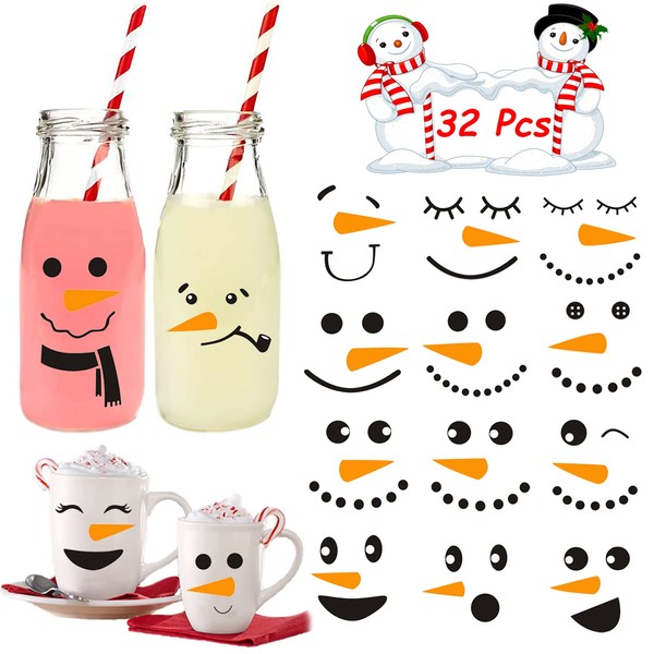 Cute Snowman Face Stickers 32pcs Small Snowman Wall Decals Vinyl Snowman Faces Cup Stickers,Christmas Stickers for Snowman Face