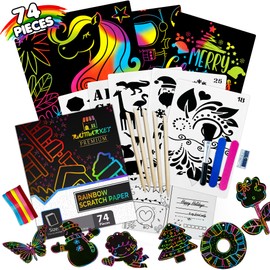 Raimarket Christmas Gifts for Kids 74-Piece Scratch Art for Kids, Arts and Crafts for Kids Set Ages 4 5 6 7 8 Year Old, Perfect Birthday and Christmas Gifts for Girls & Boys, Fillers Unicorn Toys