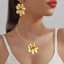 NOVYRA Gold Flower Earrings Necklace Set Vintage Large Double Flower Pendant Earrings Summer Spring Charm White Flower Statement Necklace Trendy Double Flower Jewelry For Women, adjustable, Metal, No