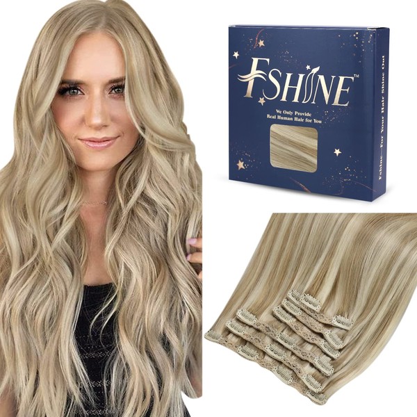 Fshine Hair Extensions, Real Hair Clip-In Extensions, Full Head, 120 g, 45 cm, Blonde Remy Hair Extension Clips, Straight, Double Weft Hair Extensions Clip, Real Hair, Dark Ash Blonde with Golden Blonde, 7 Pieces