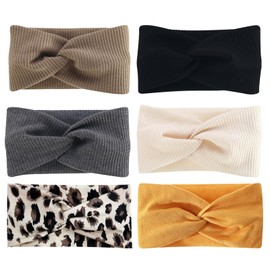 6 Stück Stirnbänder Damen, Retro Boho Haarbänder Breite Bandanas Leopard Print Haarschmuck Rutschfeste Elastische Weiche Criss Cross Stirnbänder Verdrehte Haarband für Alltag Yoga Sport Fitness Pilate