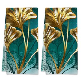 NITAHHHY Gold and Green Leaves Ginko Hand Towels,Set of 2 Absorbent Bath Towel Kitchen Dish Towel Home Gym Hotel Bathroom Decor,16x24 Inches