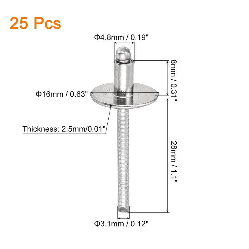 sourcing map 25Pcs 3/16"x5/16" 304 Stainless Steel Large Flange Round