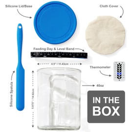 Premium Sourdough Starter Jar - 40oz Large Sourdough Jar with Marked Feeding Band, Thermometer, Scraper, Cloth Cover and Silicone Lid/Base, Wide Mouth Starter Kit - Blue