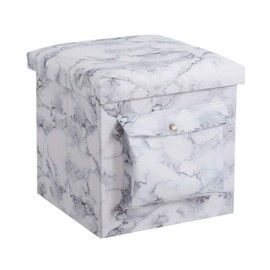 Urban Shop Collapsible Storage Ottoman with Laptop Stand Tray Lid and Storage Pocket, Marble,15"x15"x15", White