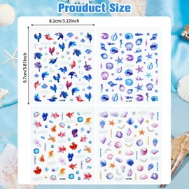 4 Blätter Sommer Nagelsticker Meerestiere Ocean Nagelaufkleber Selbstklebend, Nagel Stickers, Beach Nagelsticker Muscheln Seestern, Nail Art Stickers, Nagelsticker Geprägt für DIY Nagel Dekoration