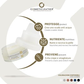 COSMETIC LEATHER PRODOTTI PROFESSIONALI PER LA CURA DELLA PELLE Self-polishing shoe cream with wax spreader sponge. 7 COLORS AVAILABLE 50 ml
