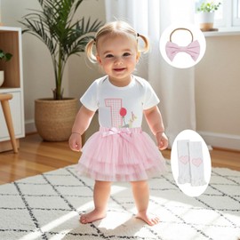 Baby Girl First Birthday Outfit Bee Goose Print One Romper+Tulle Tutu Skirt+Headband+Socks 4Pcs 1st Birthday Dress (Goose Pink, 9-12 Months)