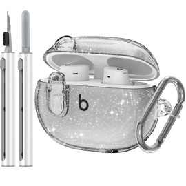 for Beats Studio Buds/Studio Buds Plus Case Cover Clear 2021/2023 Men Lock Clip with Cleaner Kit, Protective Cover for New Beats Studio Buds + Wireless Earbuds Case with Keychain, Glitter Black