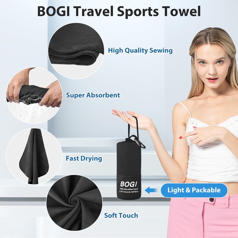 BOGI Microfibre Quick Dry Travel Towel - Soft, Lightweight &