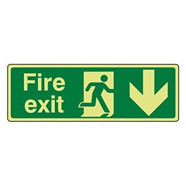 300mmx100mm Photoluminescent Fire Exit Arrow Down Sign